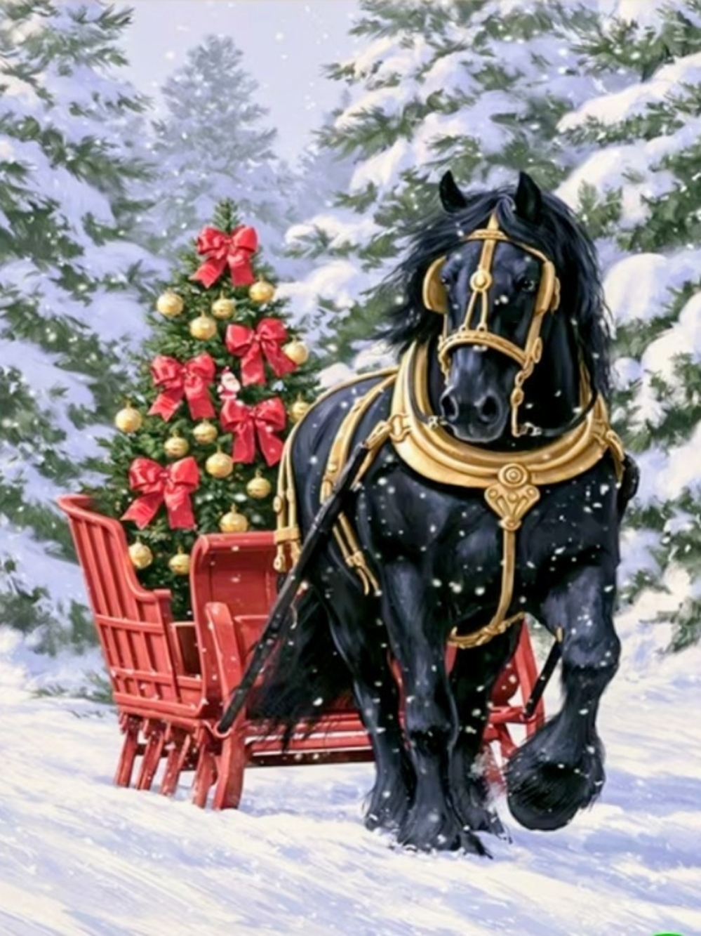 Holiday Black Horse Art with Red Sleigh and Christmas Tree 8x10 Print